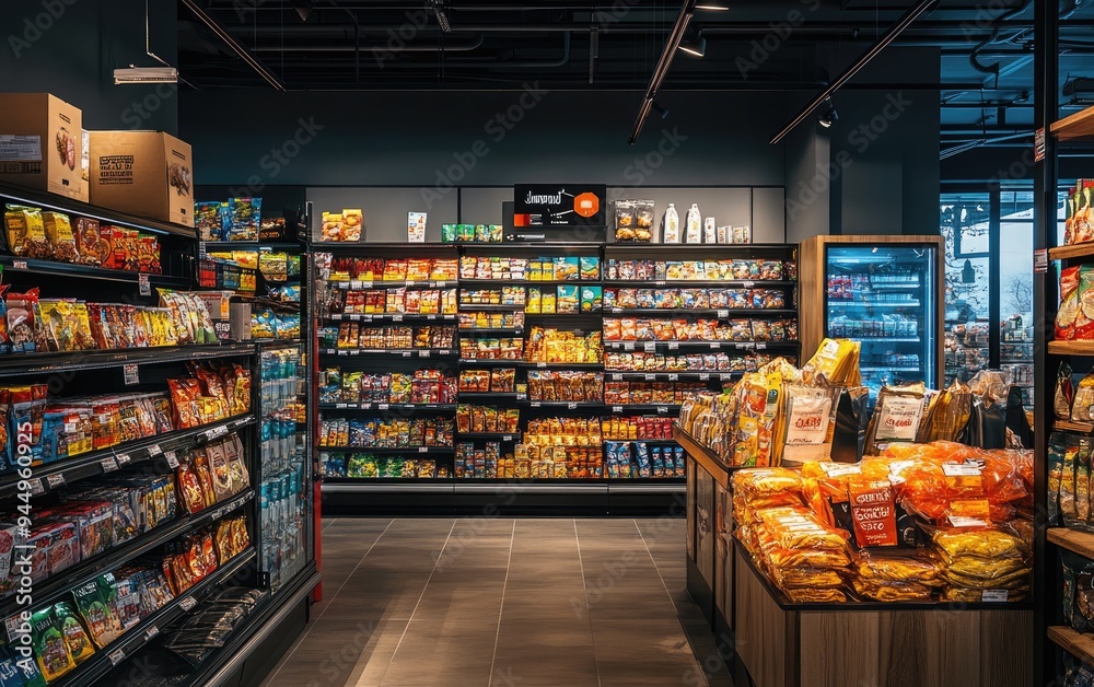 Modern Grocery Store Interior With Organized Shelves and Products Modern Grocery Store Interior With Organized Shelves and Products