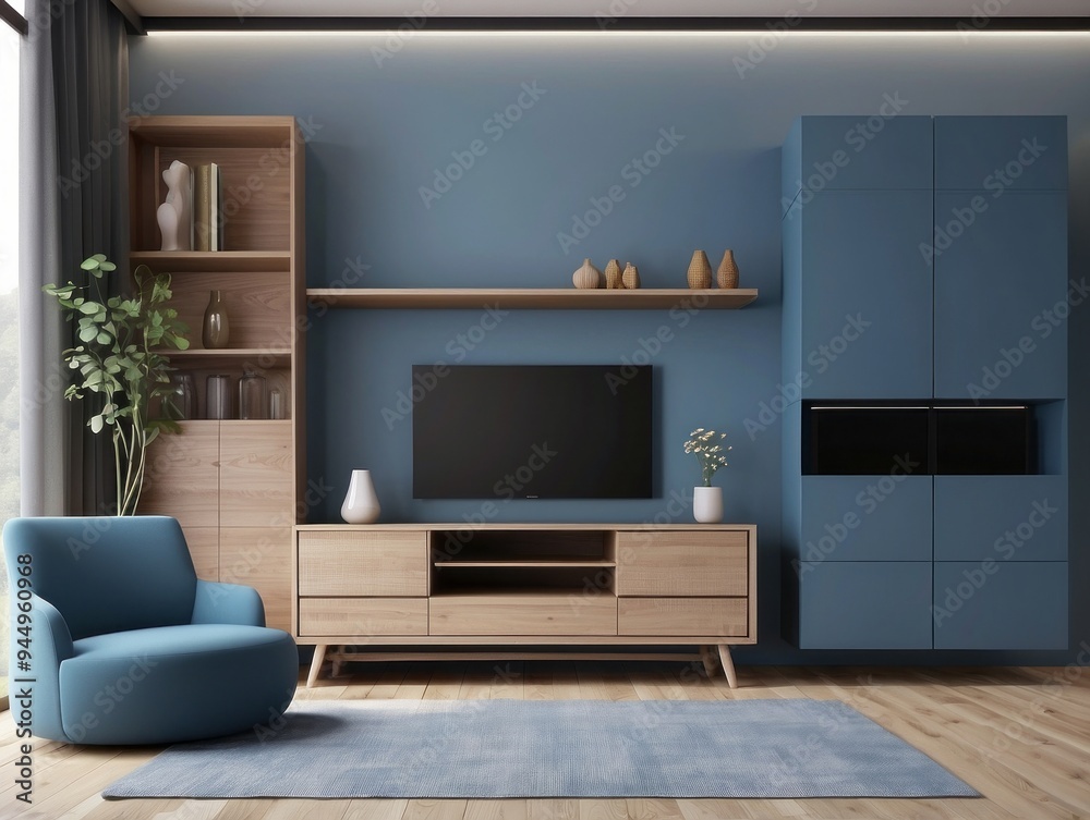 Modern Living Room with Blue Walls and Wooden Furniture Modern Living Room with Blue Walls and Wooden Furniture