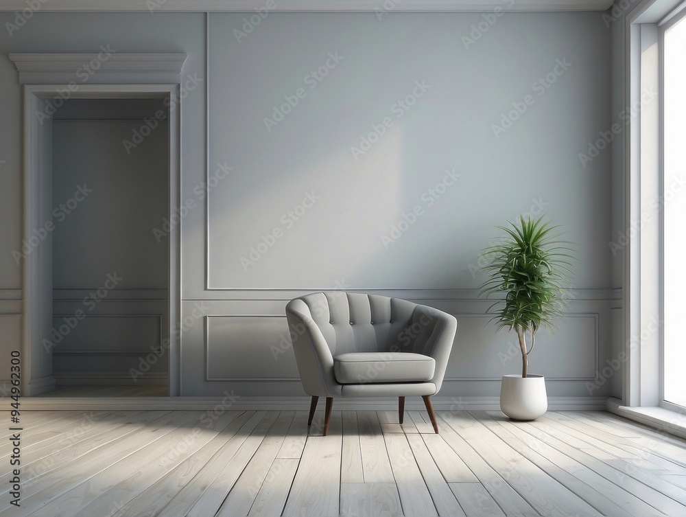 Grey Armchair in a Minimalist Living Room with a Plant Grey Armchair in a Minimalist Living Room with a Plant