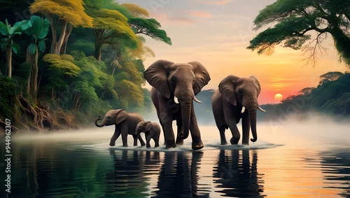 Obraz Sunset River Crossing: The Elephant Family
