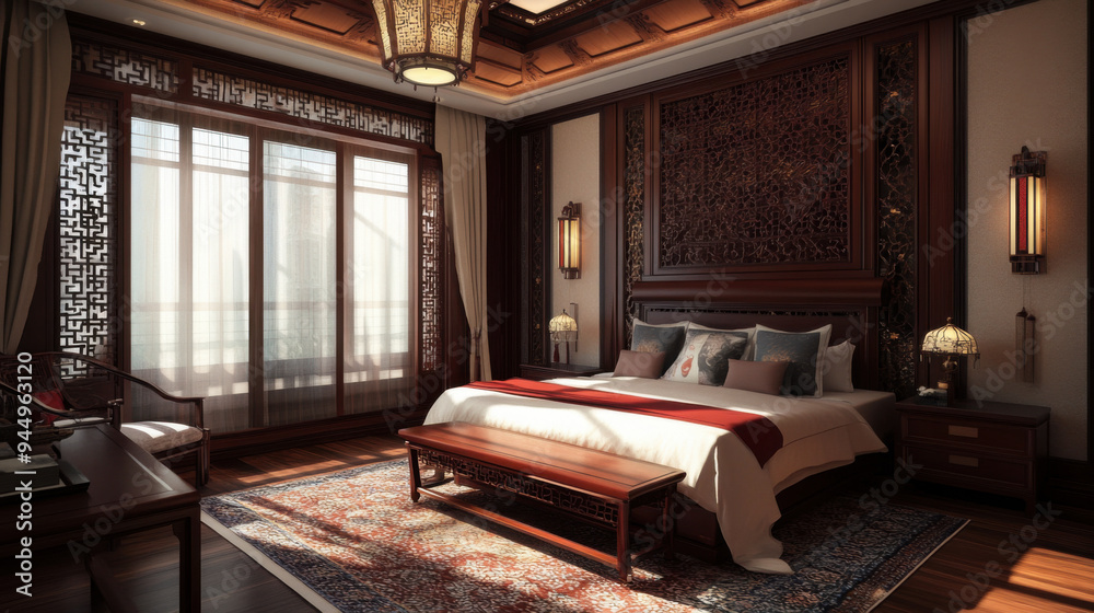 Chinese-inspired modern bedroom design, showcasing a blend of traditional and Chinese-inspired modern bedroom design, showcasing a blend of traditional and
