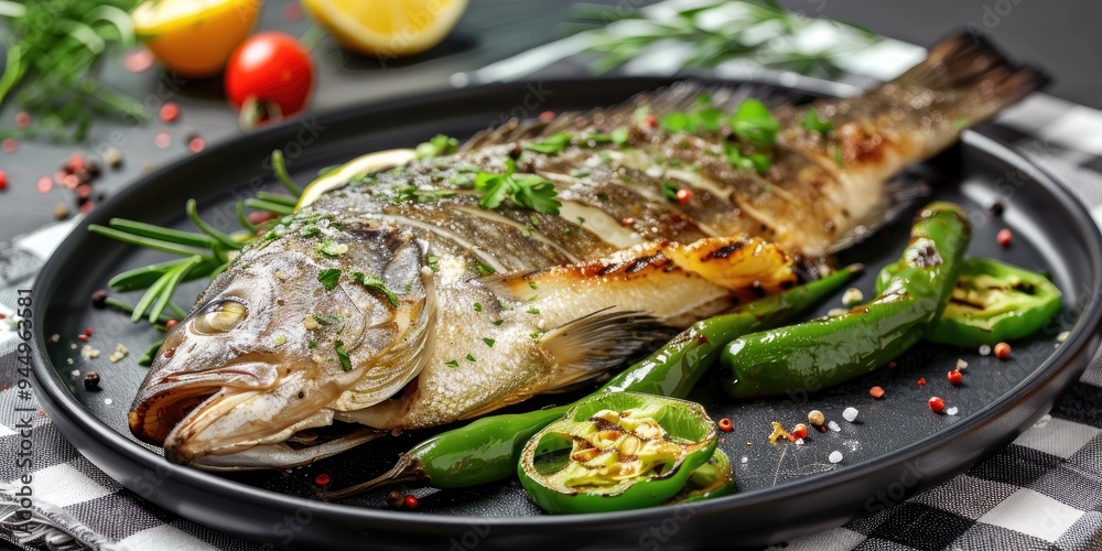 Charcoal-cooked sea bass served with green peppers on a plate atop a patterned tablecloth. Charcoal-cooked sea bass served with green peppers on a plate atop a patterned tablecloth.