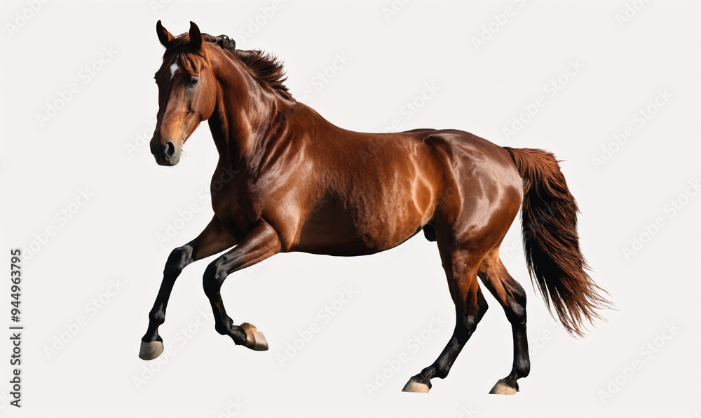 A brown horse gallops across a white background A brown horse gallops across a white background