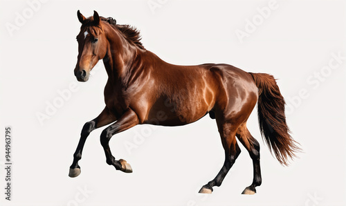 A brown horse gallops across a white background
