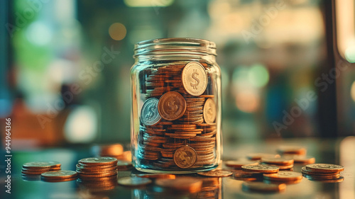 A transparent jar filled with coins on a reflective surface reflecting city lights in the background during a warm evening