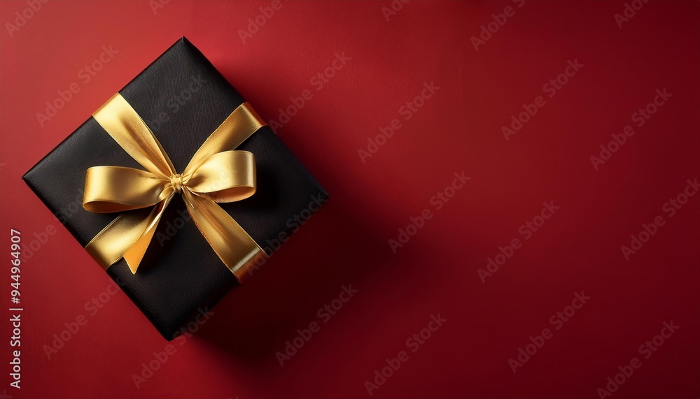 Black Gift Box with Golden Ribbon on Red Background Black Gift Box with Golden Ribbon on Red Background
