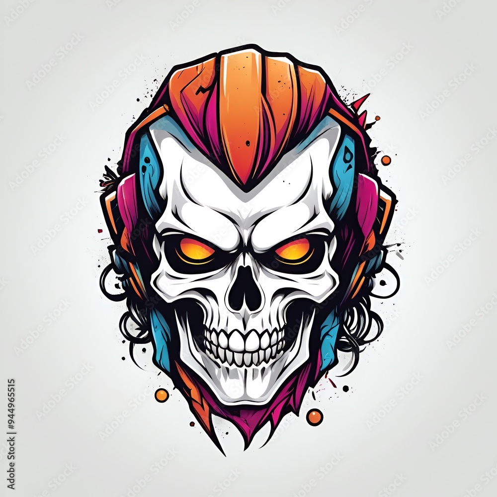 Skull Illustration with Headphones and Splashes of Color Skull Illustration with Headphones and Splashes of Color