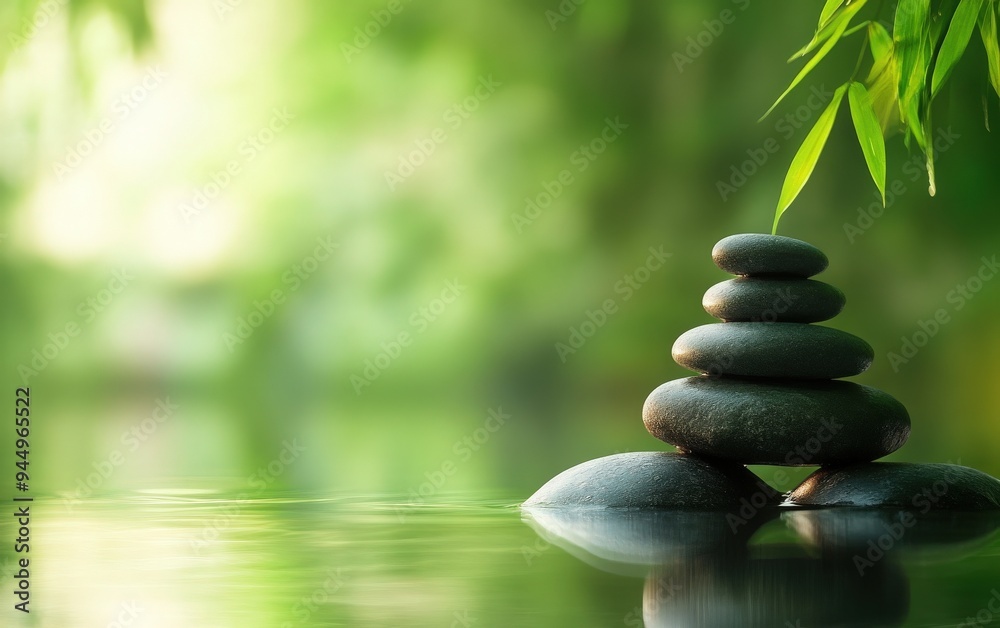 A serene stack of smooth stones balanced on calm water, surrounded by lush green foliage, perfect for relaxation and mindfulness.