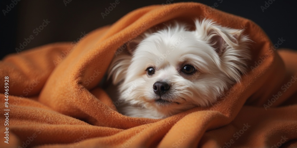Cozy small white dog nestled in warm orange blanket. Cozy small white dog nestled in warm orange blanket.