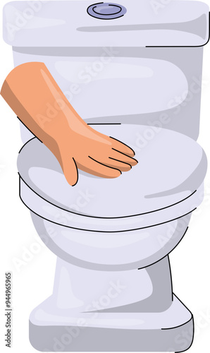 Vector Illustration of Hand with Toilet Bowl, Hands Pull the Lid Down 