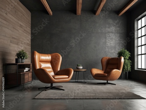 Two Tan Leather Armchairs in a Modern Living Room © Basileus