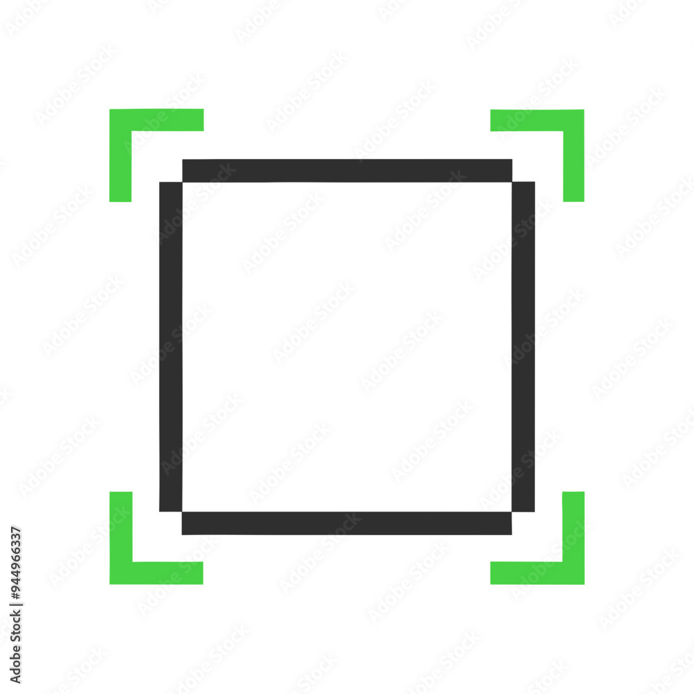 A minimalist square outline with a bold black border and four green corner accents, suggesting a digital selection or focus area A minimalist square outline with a bold black border and four green corner accents, suggesting a digital selection or focus area