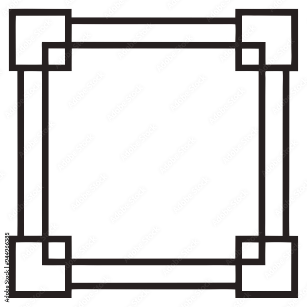 A geometric design featuring a square frame with four corner embellishments, outlined in bold black lines against a white background A geometric design featuring a square frame with four corner embellishments, outlined in bold black lines against a white background