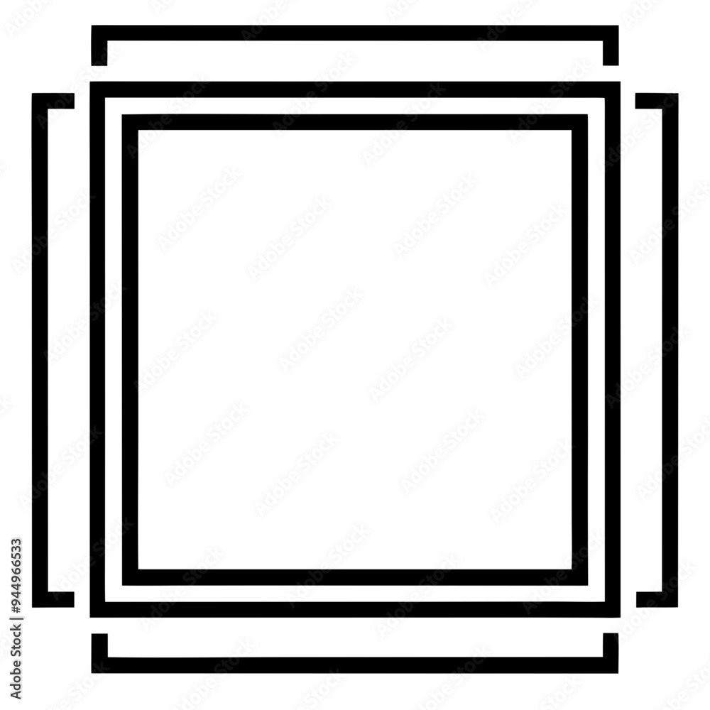 a geometric design consisting of a series of black lines forming a pattern of squares. There are three concentric squares, each one inside the other, with the largest square having additional short l a geometric design consisting of a series of black lines forming a pattern of squares. There are three concentric squares, each one inside the other, with the largest square having additional short l
