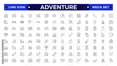Adventure and trekking line icon set. Included the icons as view, nature, camping, mountain, forest, backpacking, travel, sunset and more.