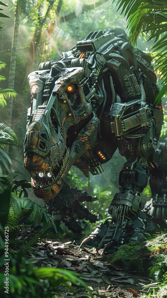 A robotic dinosaur stands in a jungle setting, with its head and claw visible, camouflaged with green and rusted metal plates. A robotic dinosaur stands in a jungle setting, with its head and claw visible, camouflaged with green and rusted metal plates.