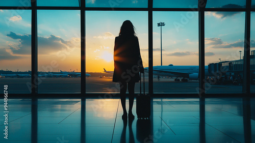 Silhouette of a traveler with a suitcase gazing at a vibrant sunset from an airport terminal window