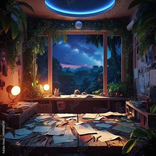 Lofi empty interior. Messy desk, window view of a forest, jungle. Anime, manga style. Colorful study 