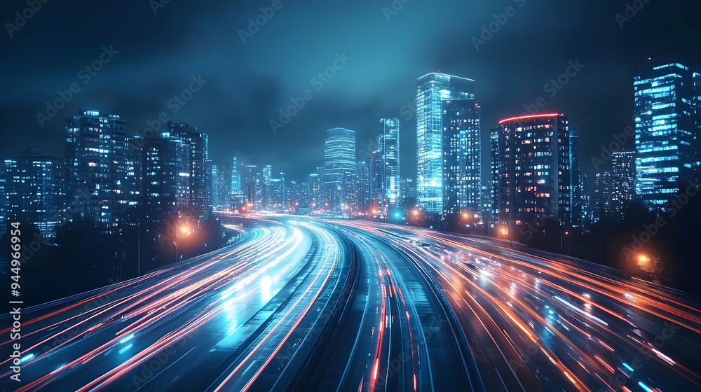 Night Cityscape With Highway Traffic Lights And Skyscrapers Night Cityscape With Highway Traffic Lights And Skyscrapers