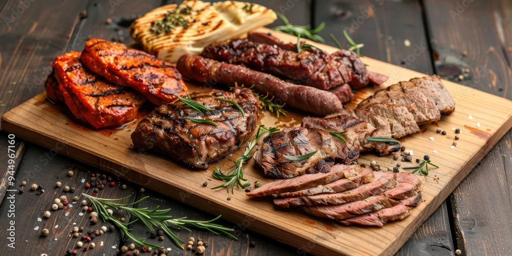 Artfully arranged grilled premium meats on a rustic wooden platter Artfully arranged grilled premium meats on a rustic wooden platter