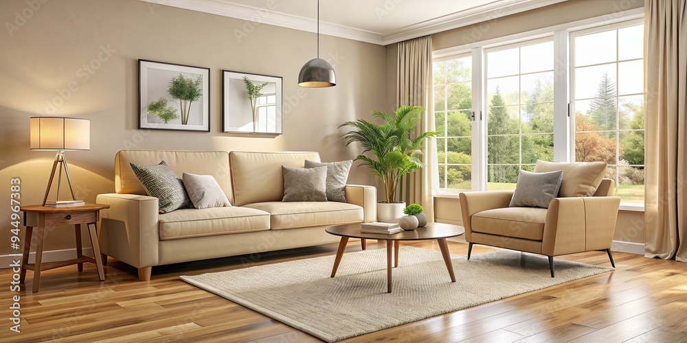 Cozy living room with beige couch and chair, warm and inviting atmosphere, cozy, living room, beige, couch, chair, warm Cozy living room with beige couch and chair, warm and inviting atmosphere, cozy, living room, beige, couch, chair, warm