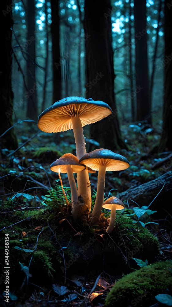 Fototapeta premium Glowing mushrooms in a dark enchanted forest, bioluminescent glowtime, otherworldly and mystical, nature's hidden wonders.