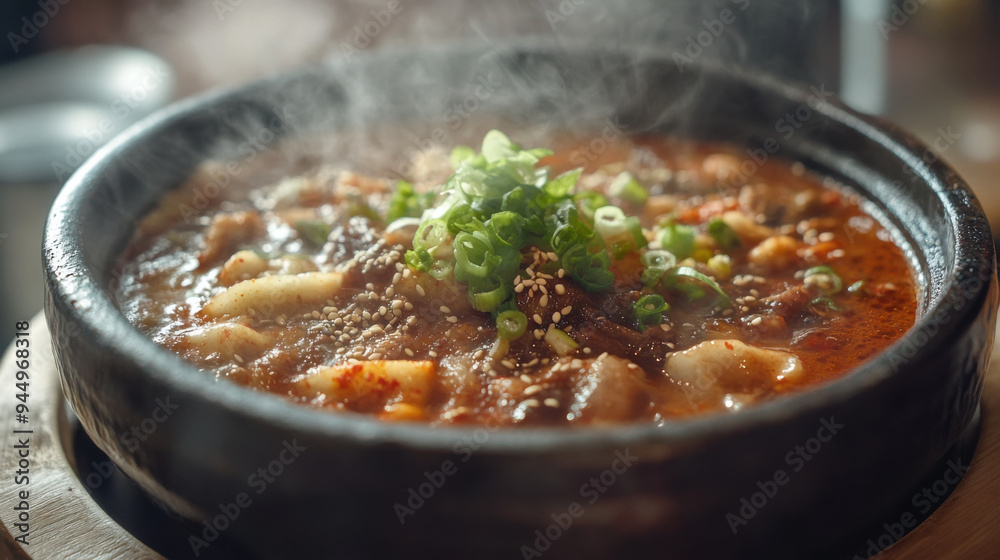 Close-up of a steaming spicy hotpot served in a premium dark porcelain bowl, highlighting