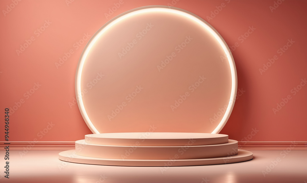 A simple, pink, and white platform stands in front of a glowing circular light, perfect for showcasing products A simple, pink, and white platform stands in front of a glowing circular light, perfect for showcasing products