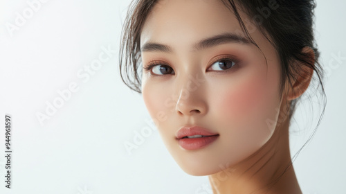 Close-up of an Asian woman showcasing a skincare product with elegance, set against