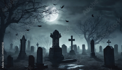 Haunted Graveyard Scene Under Full Moon with Mist and Shadows photo