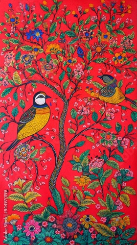 Romantic Madhubani-Inspired Valentine's Day Scarf Design: Love Birds Amidst Floral Patterns. Traditional Indian Folk Art Meets Modern Accessory in Vibrant Abstract Composition. Cultural Heritage Reima photo