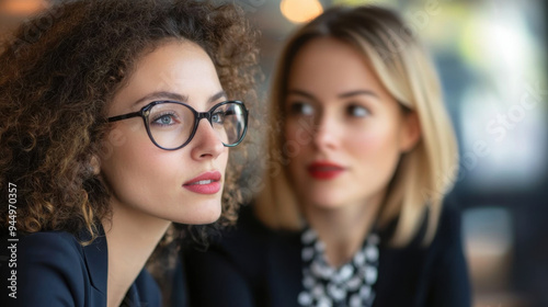 Close-up of two businesswomen, deeply engaged in a discussion during a corporate