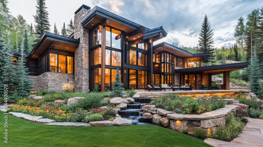 Fototapeta premium Modern Mountain Home with Stunning Waterfall