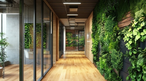 Eco-friendly office interior with living walls, wooden flooring, and green plants in the hallway of an eco-friendly business center. 8K, real photo, photography