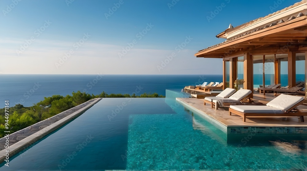 Fototapeta premium AI-Generated image of: Terrace in villa with sunbeds and swimming pool with clear blue water with stunning sea view and sky. Summer resort hotel vacation concept.