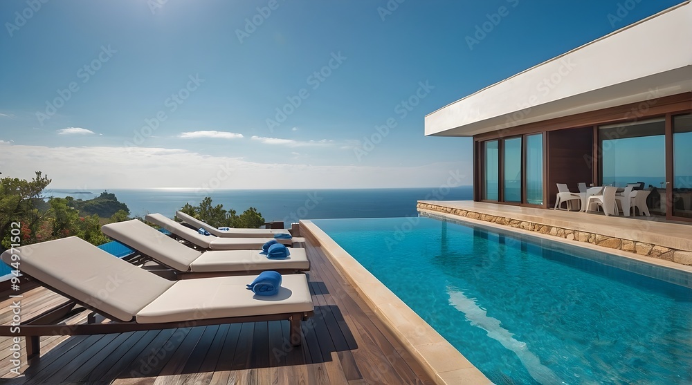AI-Generated image of: Terrace in villa with sunbeds and swimming pool with clear blue water with stunning sea view and sky. Summer resort hotel vacation concept. AI-Generated image of: Terrace in villa with sunbeds and swimming pool with clear blue water with stunning sea view and sky. Summer resort hotel vacation concept.