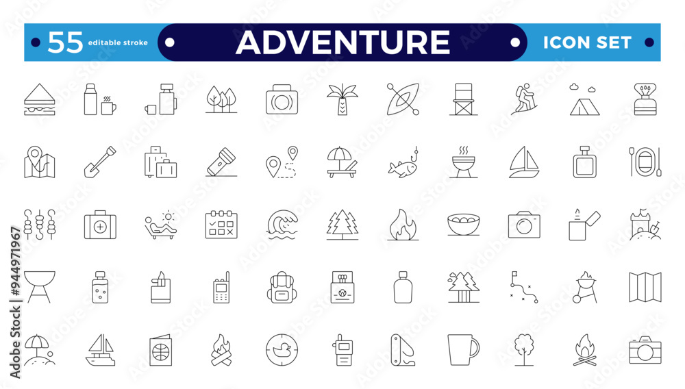 Adventure and trekking line icon set. Included the icons as view, nature, camping, mountain, forest, backpacking, travel, sunset and more. Editable stroke outline icon. Adventure and trekking line icon set. Included the icons as view, nature, camping, mountain, forest, backpacking, travel, sunset and more. Editable stroke outline icon.