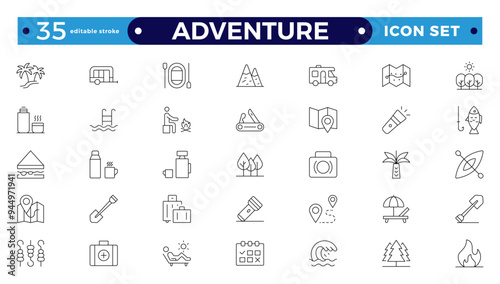 Adventure and trekking line icon set. Included the icons as view, nature, camping, mountain, forest, backpacking, travel, sunset and more. Editable stroke outline icon.