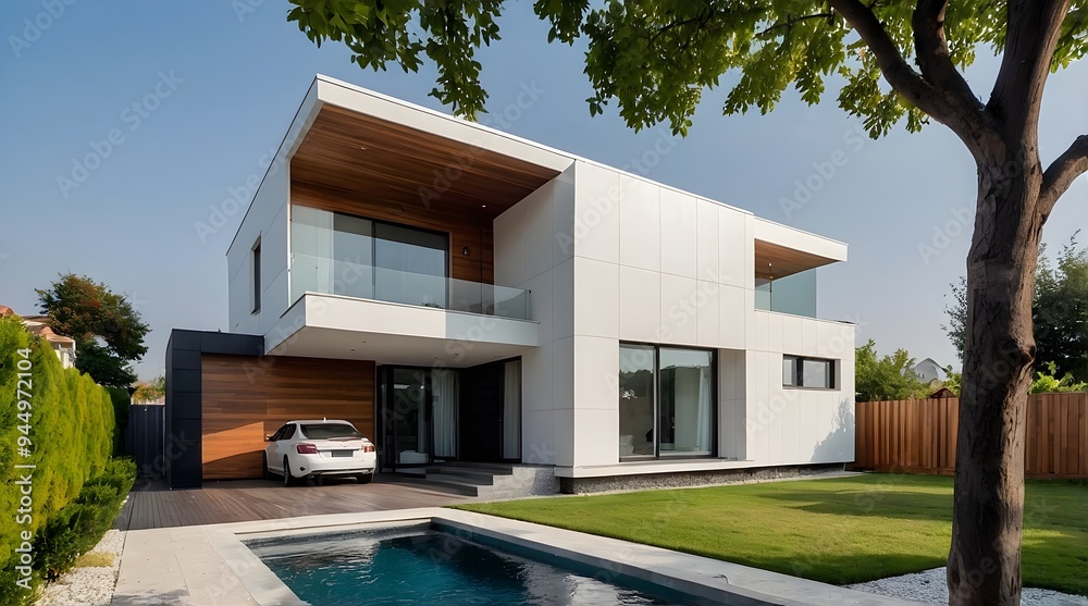 AI-Generated image of: Modern luxury minimalist cubic house, villa with wooden cladding and panel walls and landscaping design front yard. Residential architecture exterior.
AI-Generated image of: Modern luxury minimalist cubic house, villa with wooden cladding and panel walls and landscaping design front yard. Residential architecture exterior.