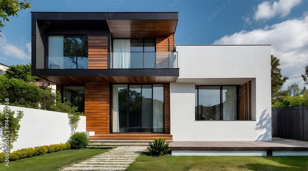 AI-Generated image of: Modern luxury minimalist cubic house, villa with wooden cladding and panel walls and landscaping design front yard. Residential architecture exterior. 
