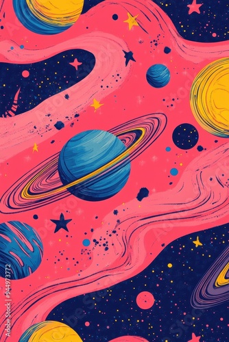 Illustration of different colorful planets in a stylish hand-drawn space scene design, adventurous background, professional artwork