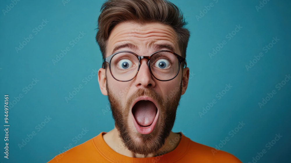 A surprised bearded man wearing glasses with his mouth open in shock, set against a blue background. A surprised bearded man wearing glasses with his mouth open in shock, set against a blue background.