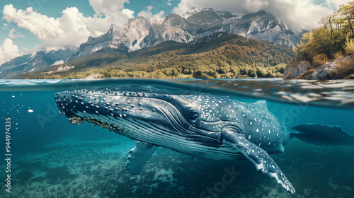 Humpback whale jumping out of the water in Australia. The whale is falling on its back and spraying water in the air. Jumping humpback whale over water. Madagascar. At sunset. A frolicking whale jumps photo