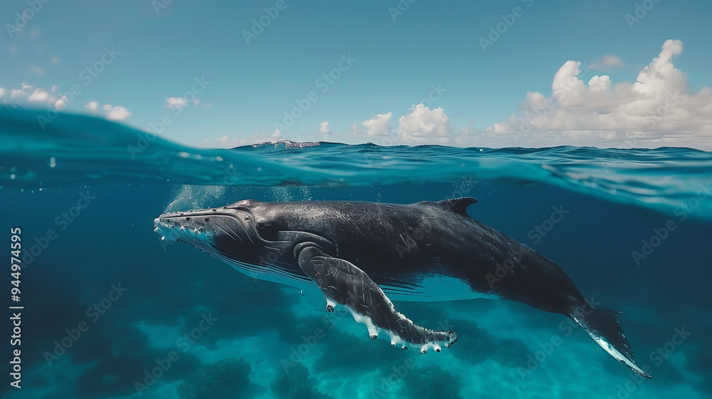 Naklejka premium Humpback whale jumping out of the water in Australia. The whale is falling on its back and spraying water in the air. Jumping humpback whale over water. Madagascar. At sunset. A frolicking whale jumps