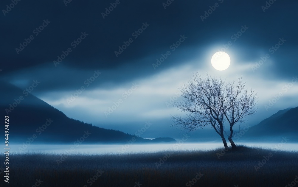 A serene night landscape featuring a solitary tree under a luminous moon, surrounded by misty hills and deep blue skies. A serene night landscape featuring a solitary tree under a luminous moon, surrounded by misty hills and deep blue skies.