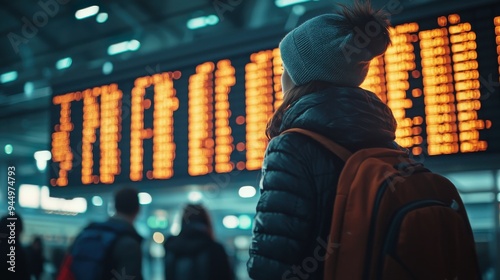 tourist at the airport looks at the scoreboard  photo