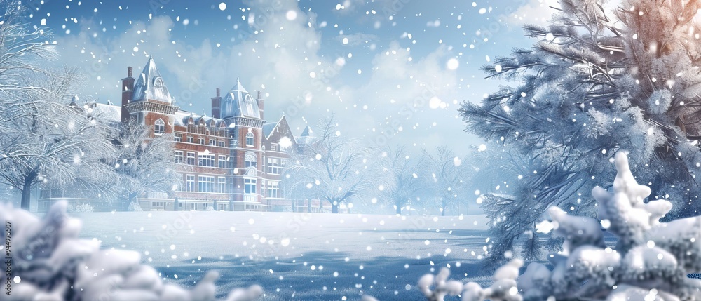 Winter Wonderland: Snow-Covered Castle with Snowy Trees Winter Wonderland: Snow-Covered Castle with Snowy Trees