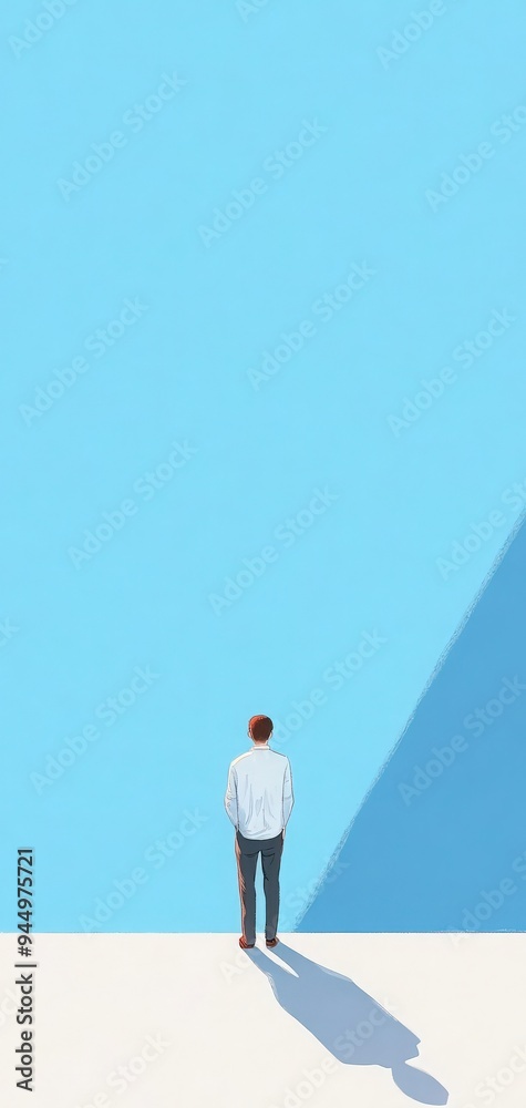 A solitary figure stands against a vast blue background, symbolizing contemplation and self-reflection in a minimalist setting.