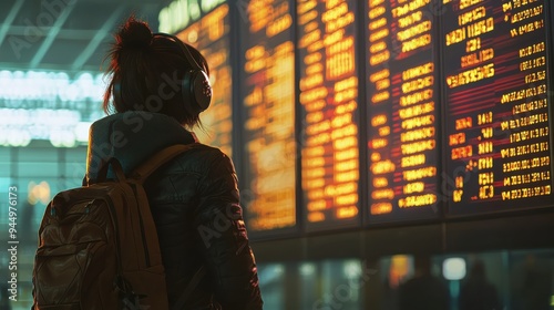 tourist at the airport looks at the scoreboard  photo