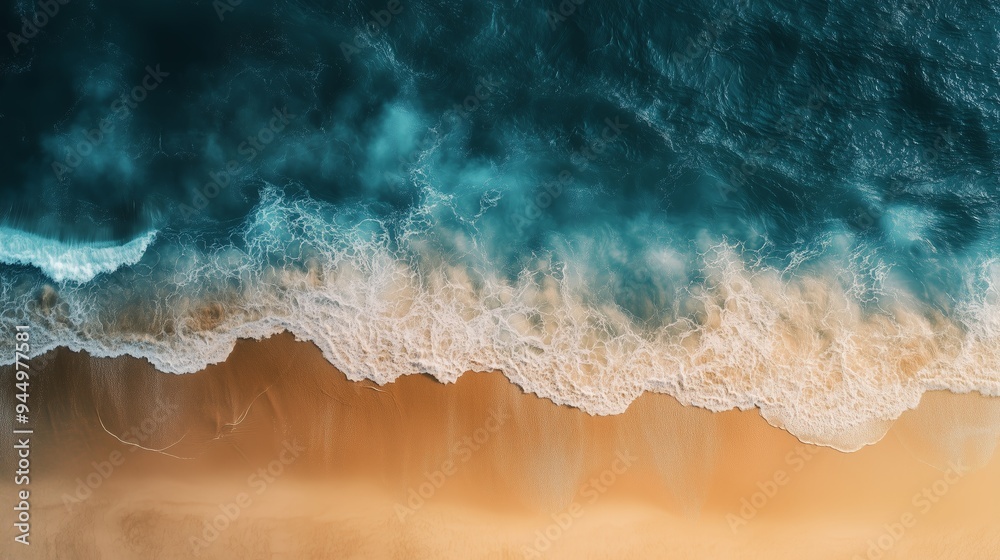 Aerial view of turquoise ocean waves gently crashing onto a pristine sandy beach during bright daylight Aerial view of turquoise ocean waves gently crashing onto a pristine sandy beach during bright daylight